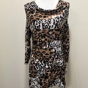 Milano leopard print asymmetric tunic, draped neck, side scrunch and tie, small